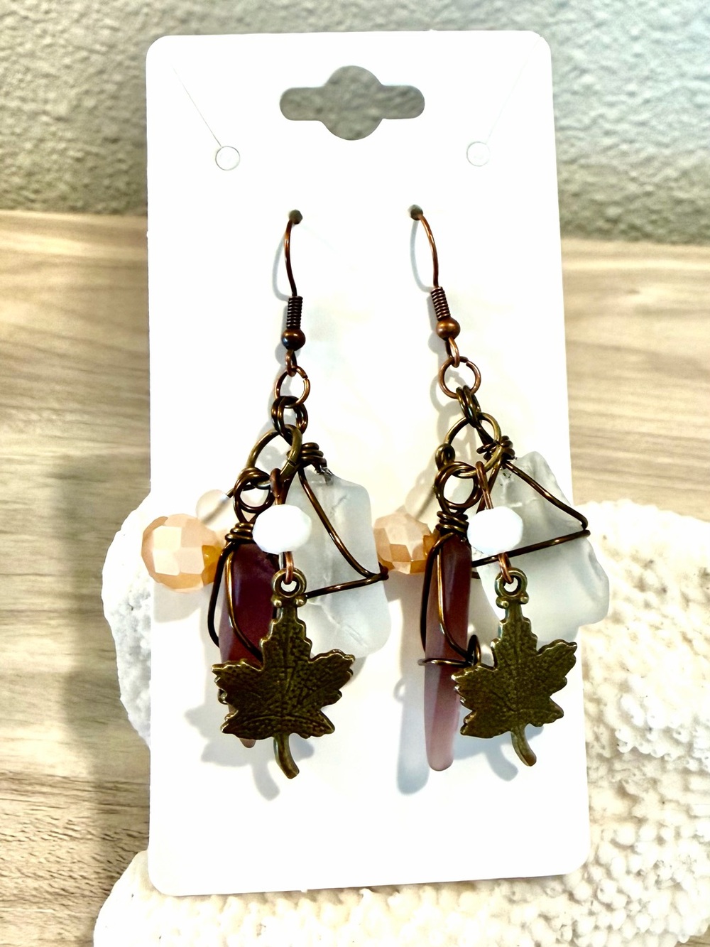 138. Boho Leaf Drop Earrings in Burgundy & White Sea glass